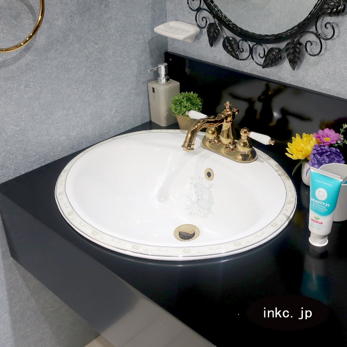 花模様の陶器ボウル メタル排水口付き 洗面ボウル おしゃれ 柄 陶器 埋め込み 三穴 楕円 多少の柄のずれ有り