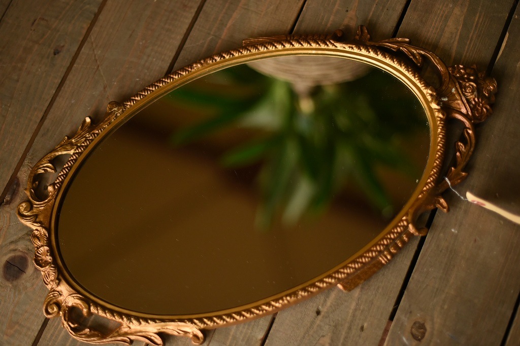 104041 ヴィンテージ　ゴールド　レリーフ　オーバルミラー