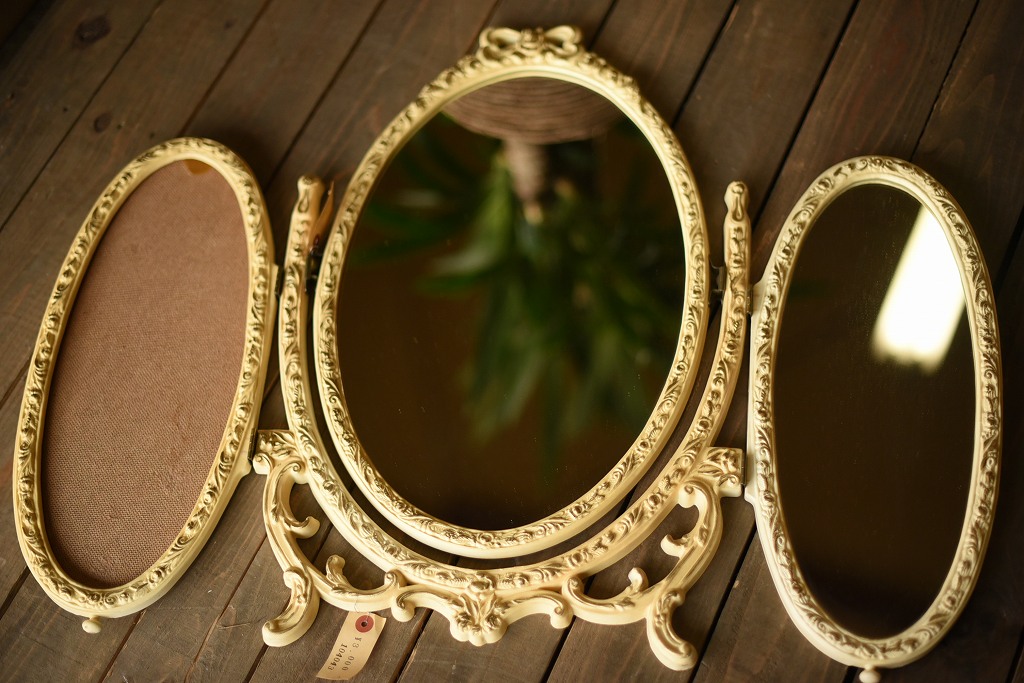 104044 ヴィンテージ　大型　三面　レリーフミラー　一部鏡面無し