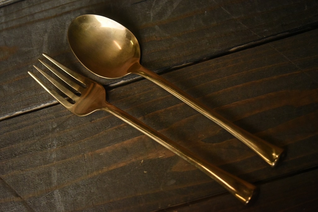 104484 ヴィンテージ　　真鍮製　ディナーフォーク＆スプーン　ブラス　英国 MADE IN ENGLAND