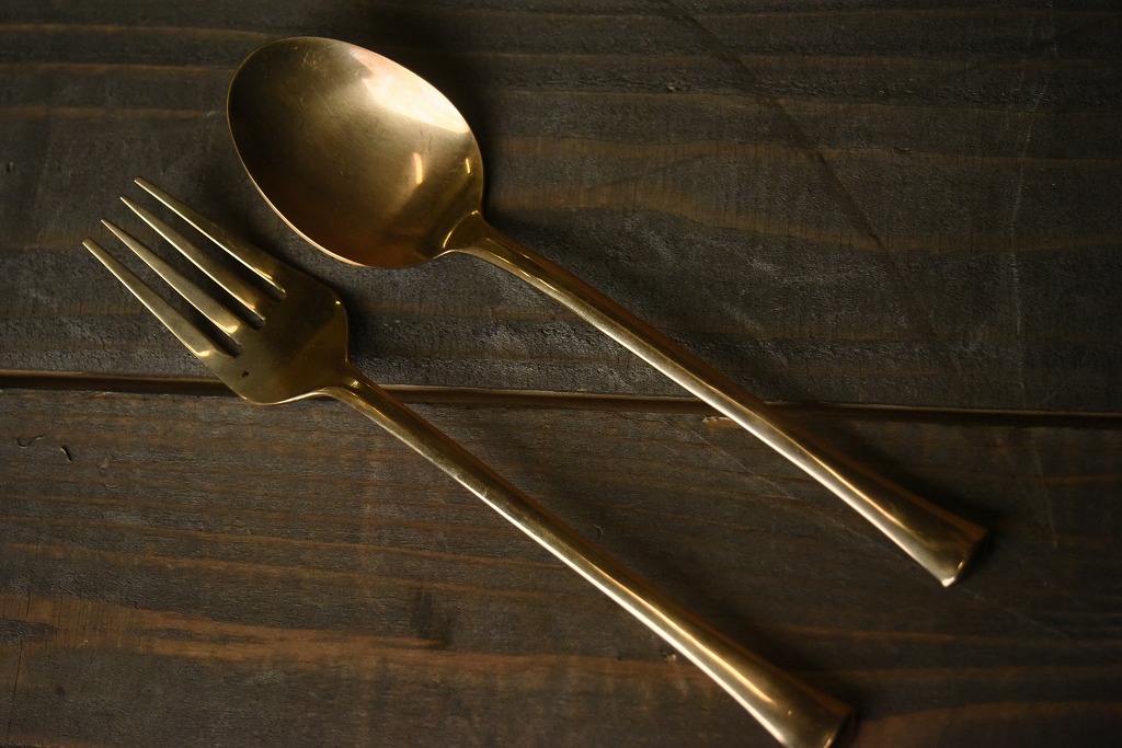 104481 ヴィンテージ　　真鍮製　ディナーフォーク＆スプーン　ブラス　英国 MADE IN ENGLAND