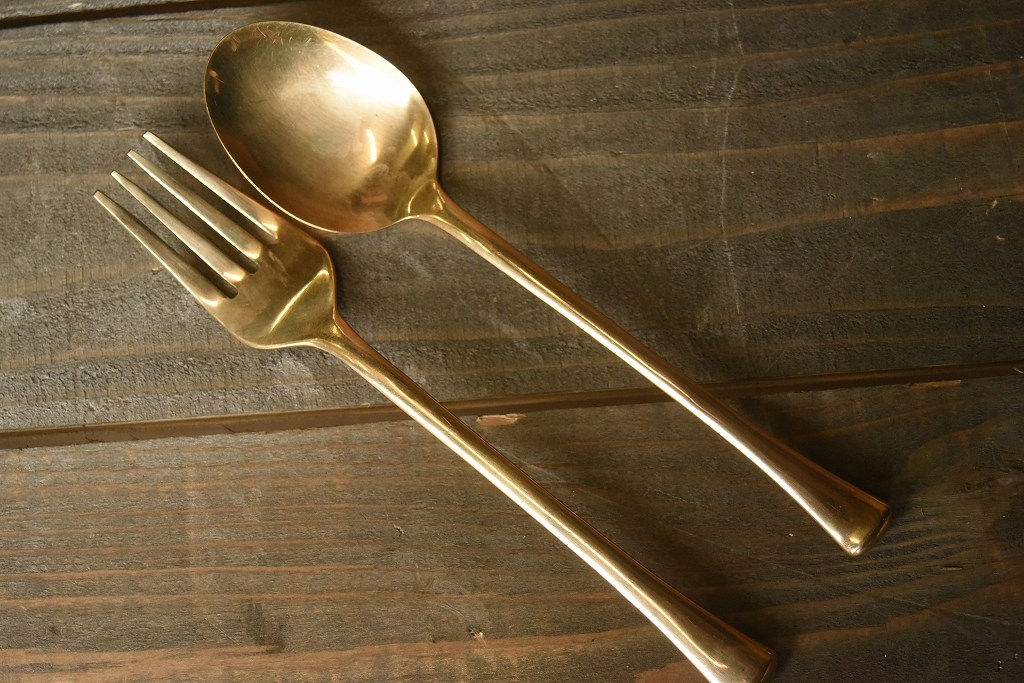 104483 ヴィンテージ　　真鍮製　ディナーフォーク＆スプーン　ブラス　英国 MADE IN ENGLAND