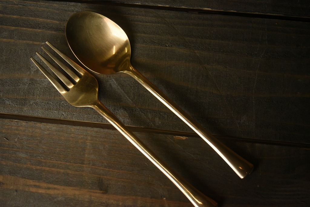 104485 ヴィンテージ　　真鍮製　ディナーフォーク＆スプーン　ブラス　英国 MADE IN ENGLAND