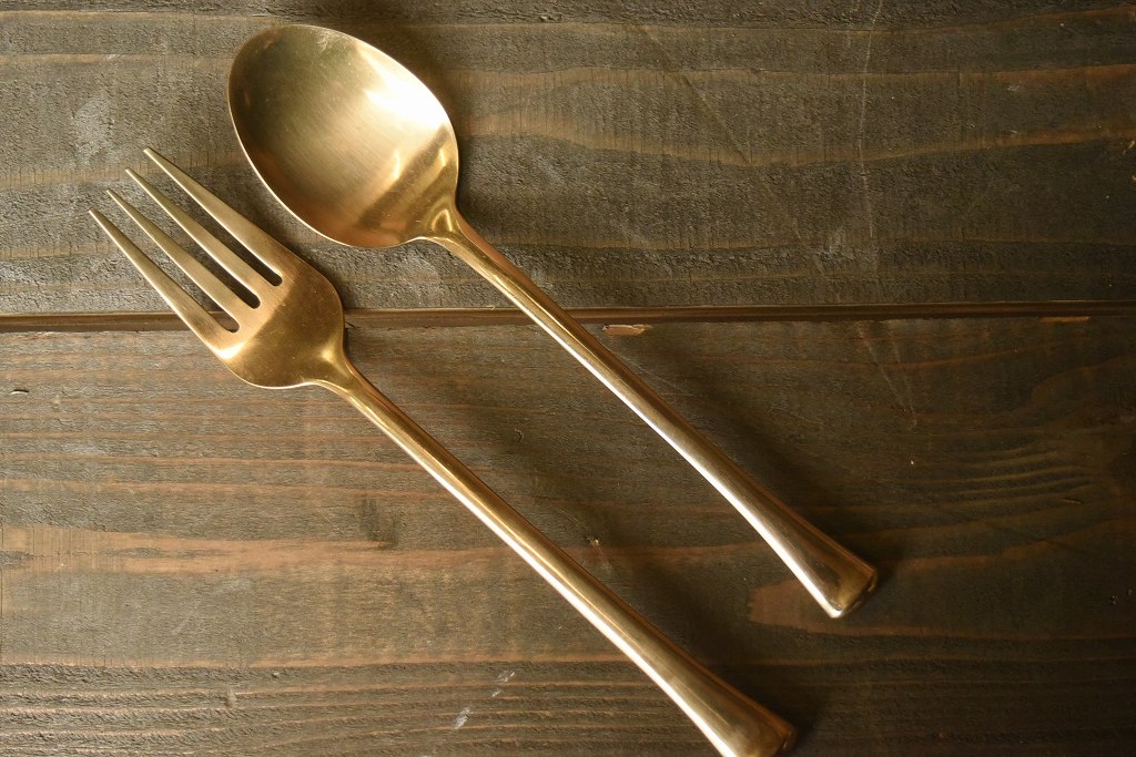 104487 ヴィンテージ　　真鍮製　ディナーフォーク＆スプーン　ブラス　英国 MADE IN ENGLAND