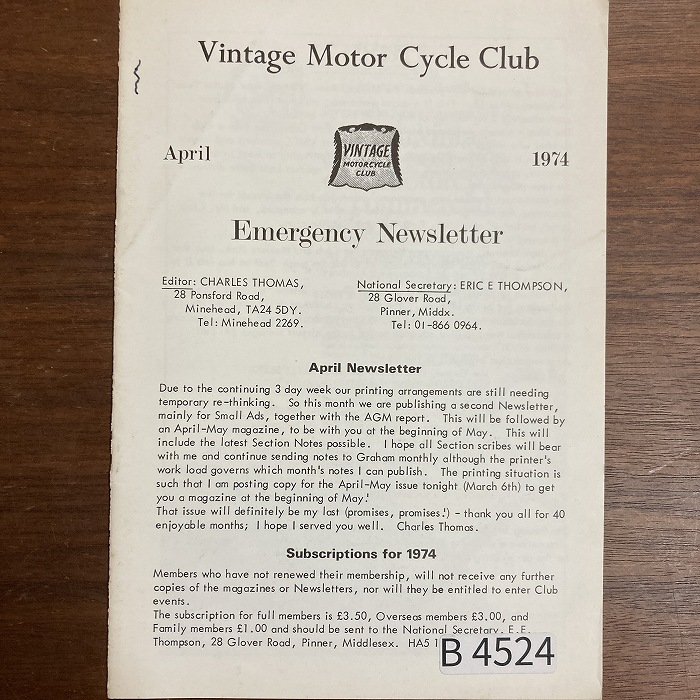 B4524「The Vintage Motor Cycle 1974」英国 モーターサイクル 会報誌
