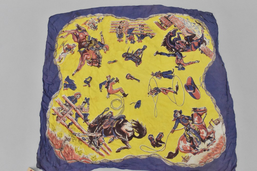 108734 ヴィンテージ 大判 カウボーイ スカーフ  シルク100% Souvenir scarf