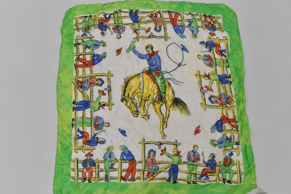 108763 ヴィンテージ 大判 カウボーイ スカーフ  シルク100% Souvenir scarf