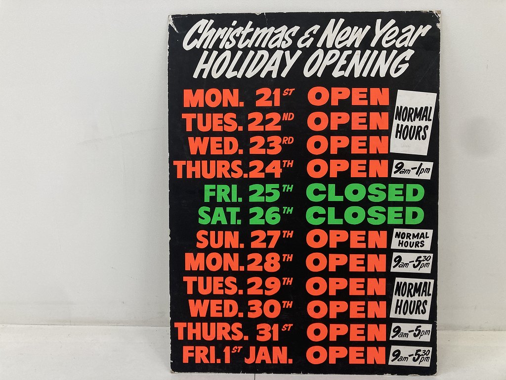 108494「Christmas & New Year HOLIDAY OPENING」Business hours ガレージ 看板 店舗什器