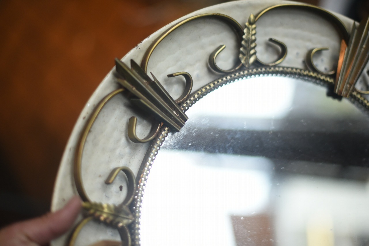 1935 ヴィンテージ　ミラーウォールミラー　ホワイト×ゴールド 円形