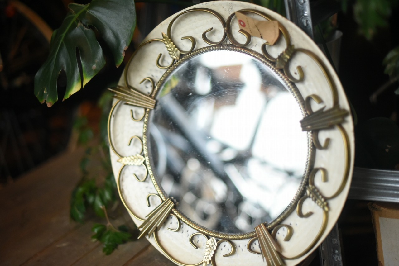 1935 ヴィンテージ　ミラーウォールミラー　ホワイト×ゴールド 円形