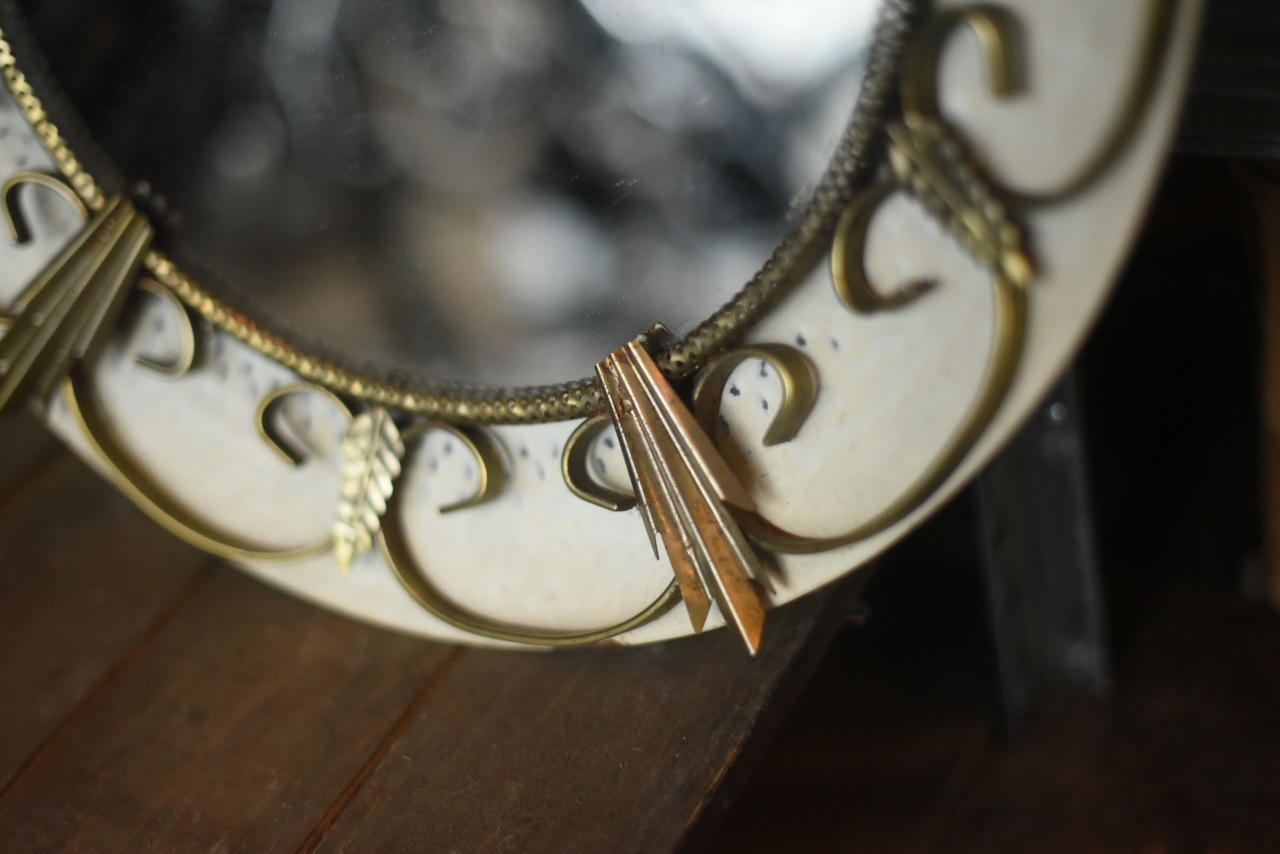 1935 ヴィンテージ　ミラーウォールミラー　ホワイト×ゴールド 円形