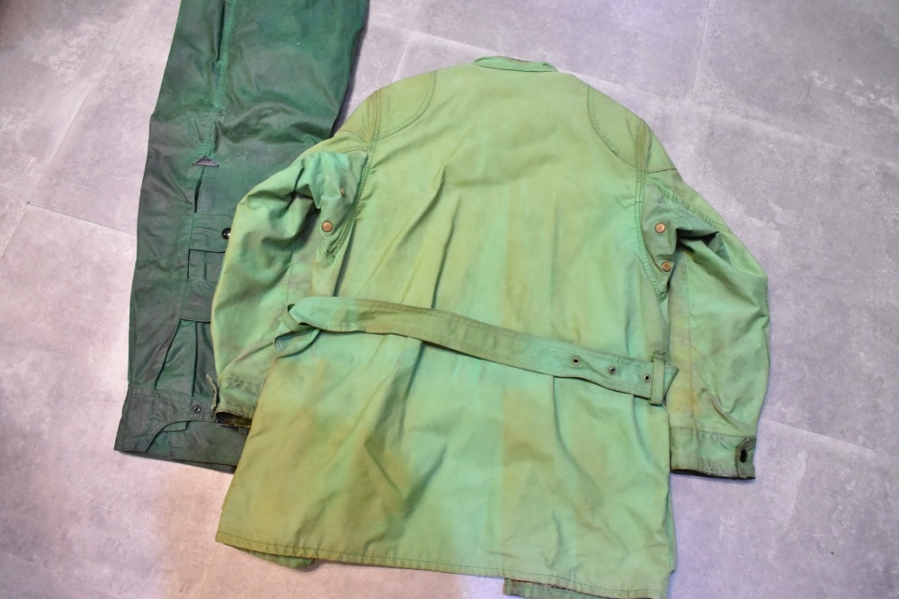 108649 1970s-1980s「Belstaff Trialmaster」ベルスタッフ トライアルマスター 希少 グリーン ジャケット&パンツ、セットアップ オイルドクロス