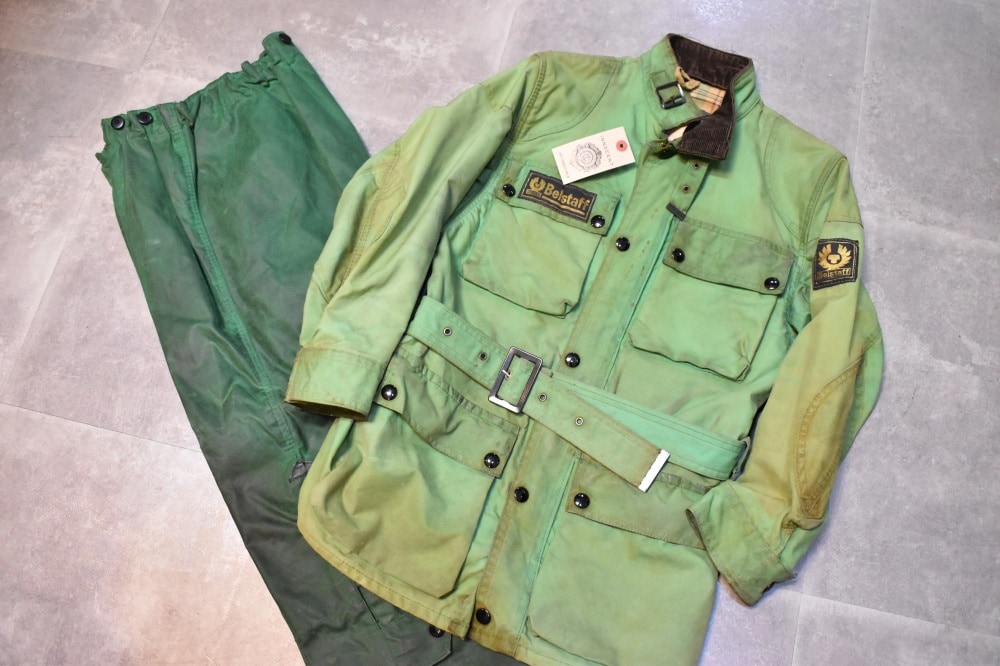 108649 1970s-1980s「Belstaff Trialmaster」ベルスタッフ トライアルマスター 希少 グリーン ジャケット&パンツ、セットアップ オイルドクロス