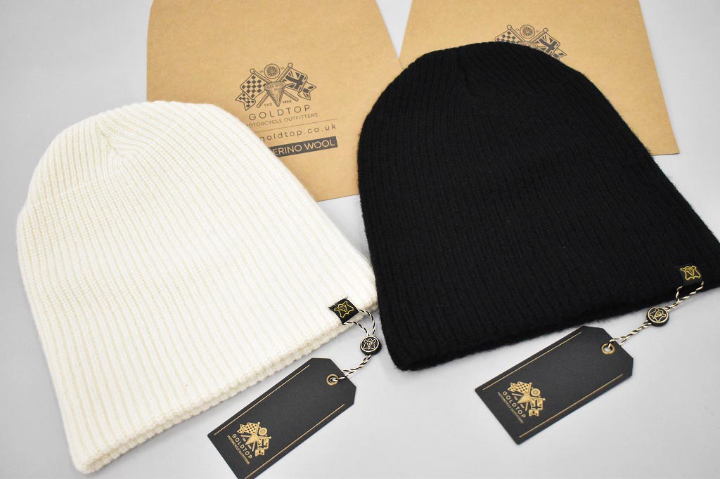 英国 「GOLDTOP」「100% Merino Wool Mechanics Hat」 メリノウールビーニー COLOR:WHITE / BLACK