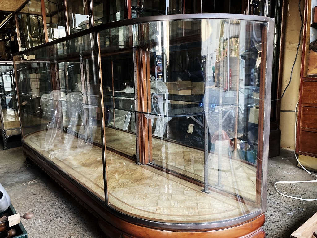 店舗什器、ガラスショーケース2段 古い木製 ガラスケース 2段 ショー