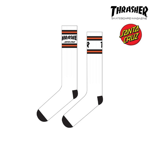 【SANTACRUZ×THRASHER】SC STRIPCREW SOCKS 23HD white サンタクルズ スラッシャー ソックス 靴下 スケートボード スケボー SKATEBOARD