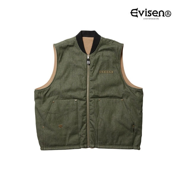 【Evisen】MICROFLEECE DENIM REVERSIBLE VEST olive エビセン ベスト ジャケット アウター スケートボード スケボー SKATEBOARD