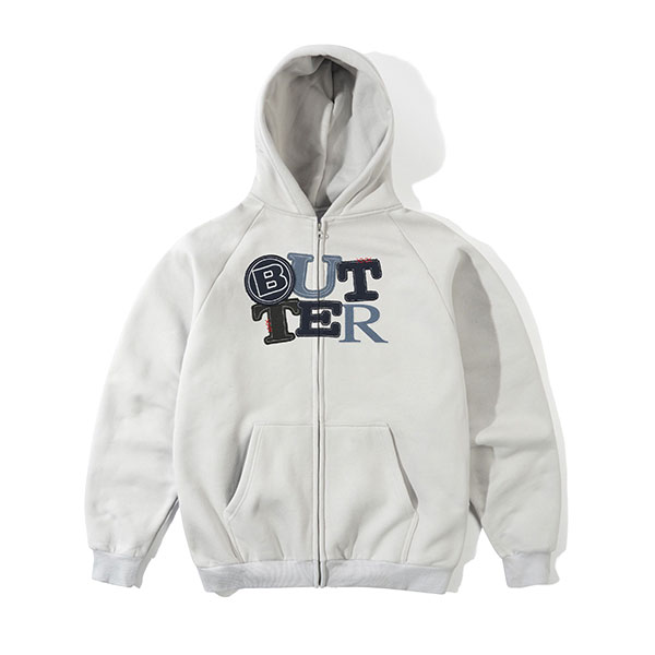 【BUTTER GOODS】 PATCHWORK ZIP THRU HOOD cement バターグッズ フーディー パーカー スケートボード スケボー SKATEBOARD