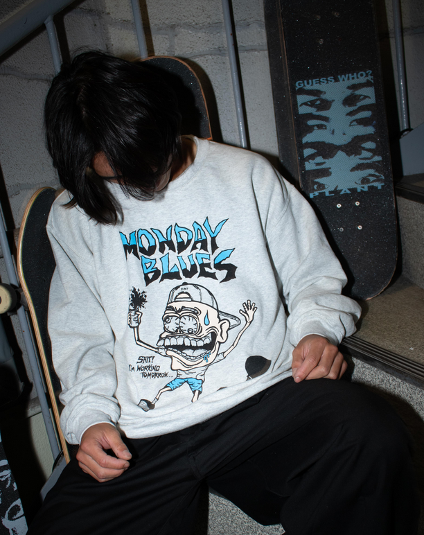 【PLANT】MONDAY BLUES SWEAT SHIRTS ash　プラント スェットシャツ クルーネック トレーナー スケートボード スケボー SKATEBOARD