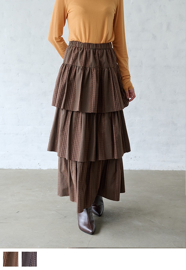 Fringe Check Tiered Skirt