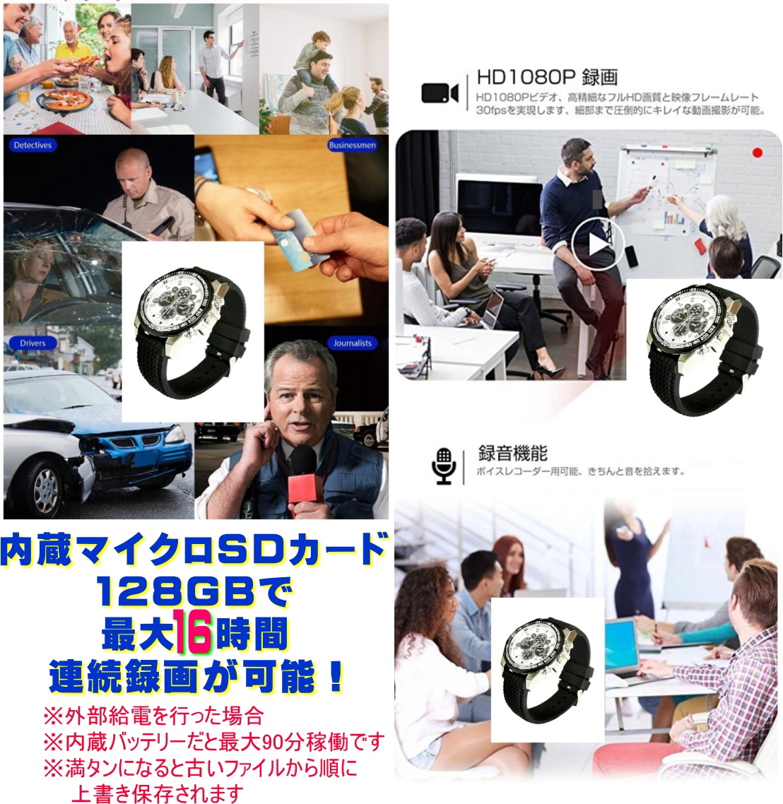正規品 最新 TB-W128 防犯カメラ 腕時計型 128GB メモリ 内蔵 長時間