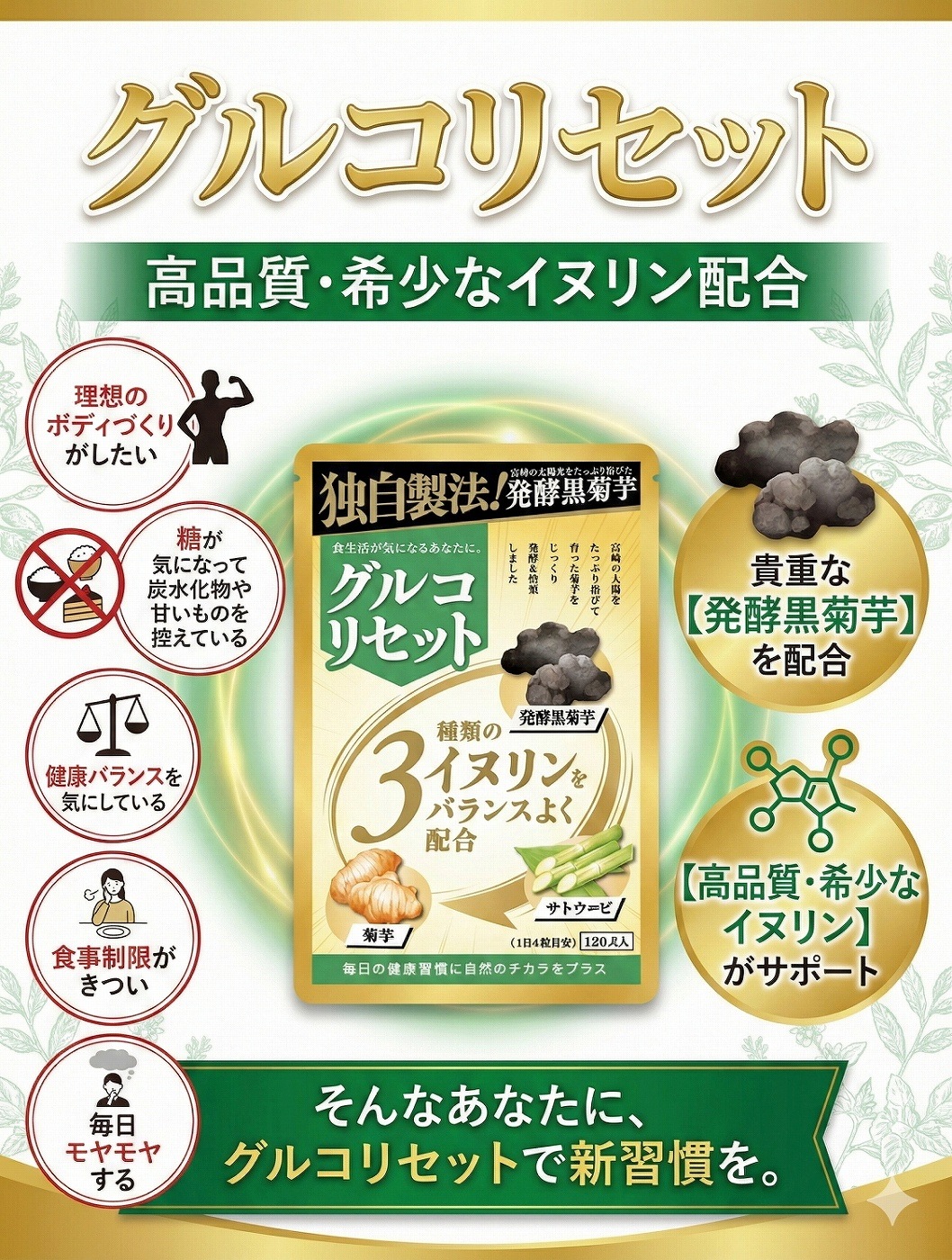 【2026年新発売 当店オリジナル国内製造正規品】グルコリセット 2袋セット 240粒 60～120日分 宮崎県産 発酵黒菊芋 菊芋 サプリ イヌリン 70000mg 高配合 サラシア 桑の葉 サトウキビ 食物繊維 国産 240粒 錠剤 健康 美容 サプリメント 【GMP認定工場製造】