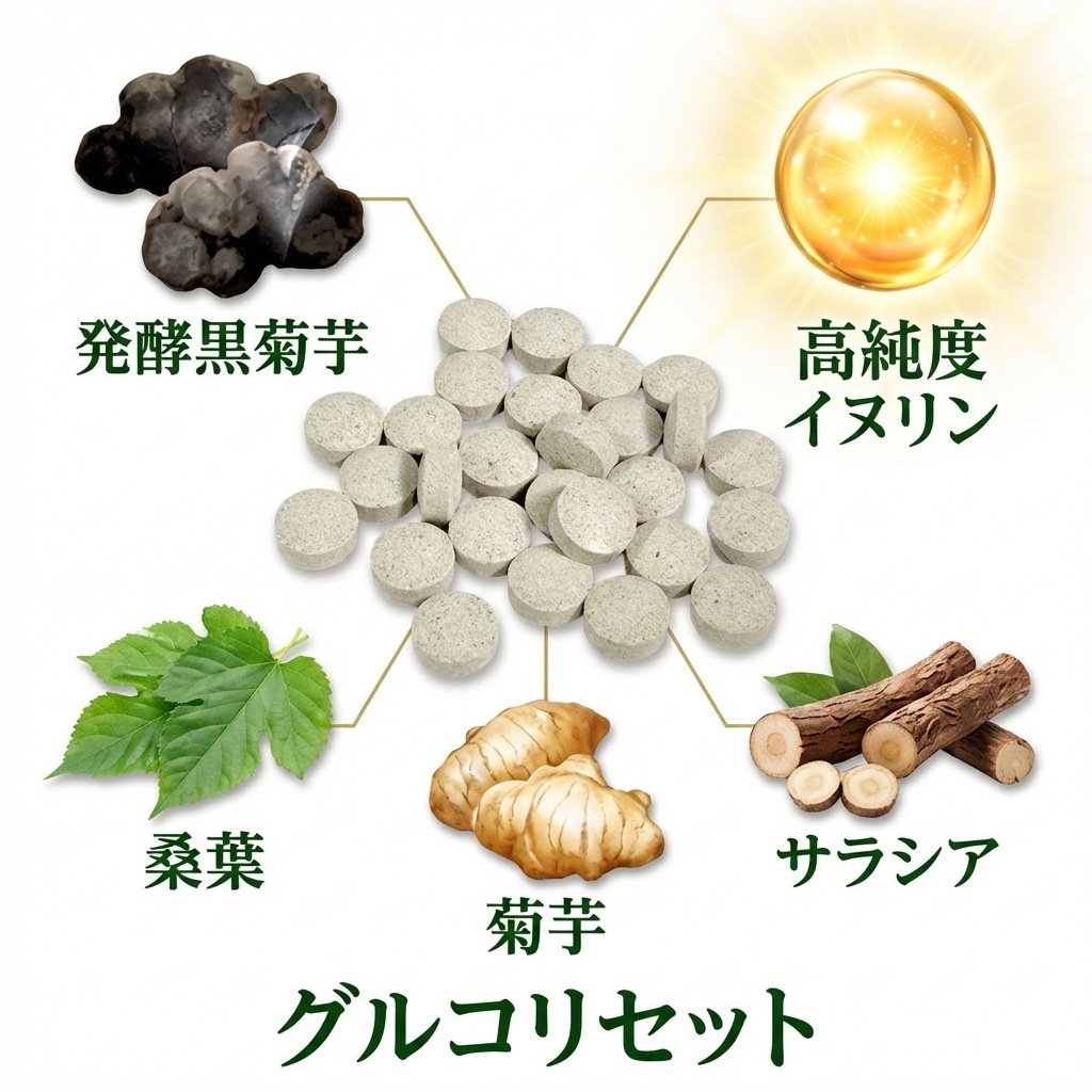 【2026年新発売 当店オリジナル国内製造正規品】グルコリセット 2袋セット 240粒 60～120日分 宮崎県産 発酵黒菊芋 菊芋 サプリ イヌリン 70000mg 高配合 サラシア 桑の葉 サトウキビ 食物繊維 国産 240粒 錠剤 健康 美容 サプリメント 【GMP認定工場製造】