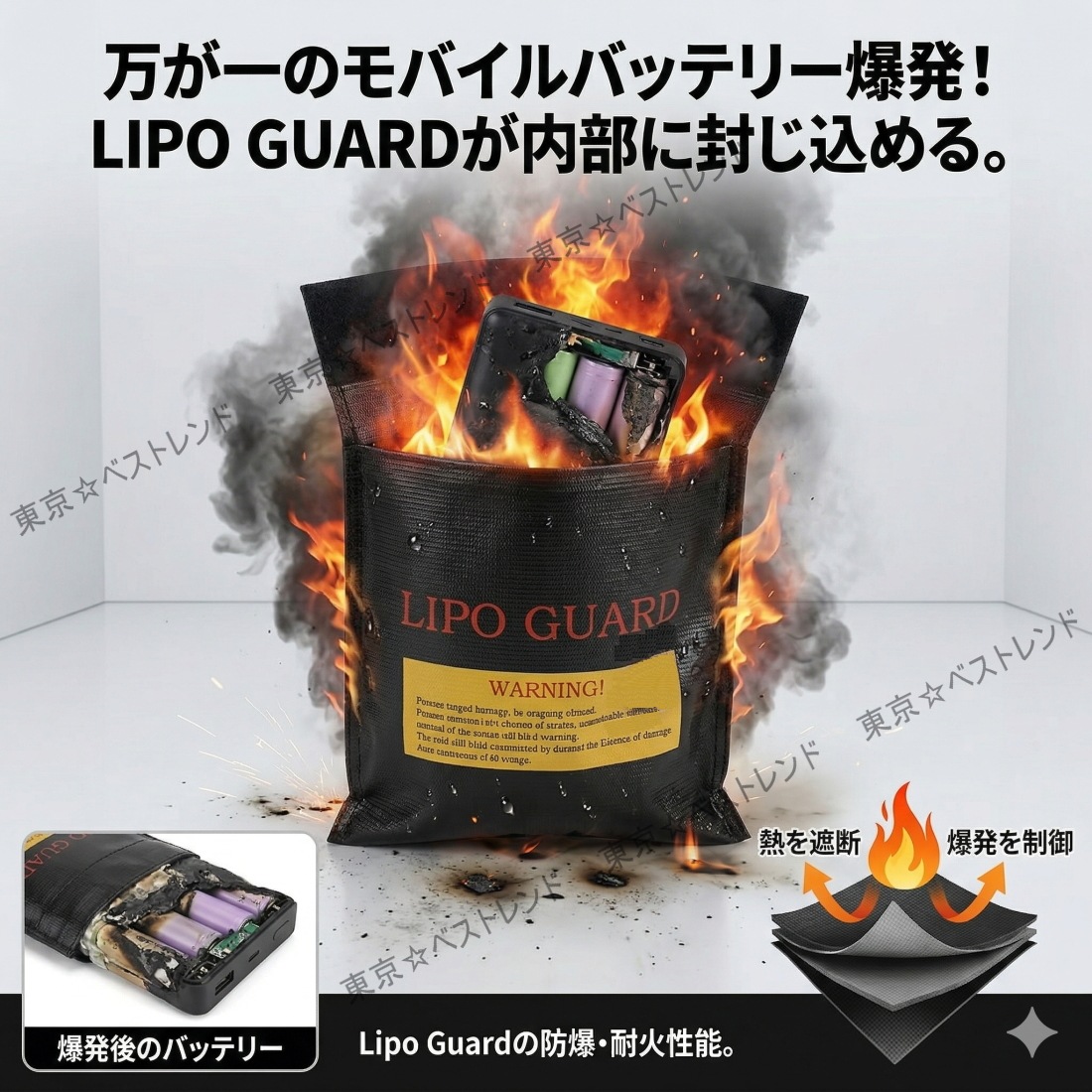TB-LIPO GUARD 耐火バッグ バック 防爆袋 防火 袋 モバイルバッテリー 保管 リポバッテリー 防水 セーフティーバッグ 貴重品 書類 データ保護 防災グッズ 30×23cm A4相当 グラスファイバー ガラス繊維 不燃素材 マジックテープ 黒ブラック / 銀シルバー
