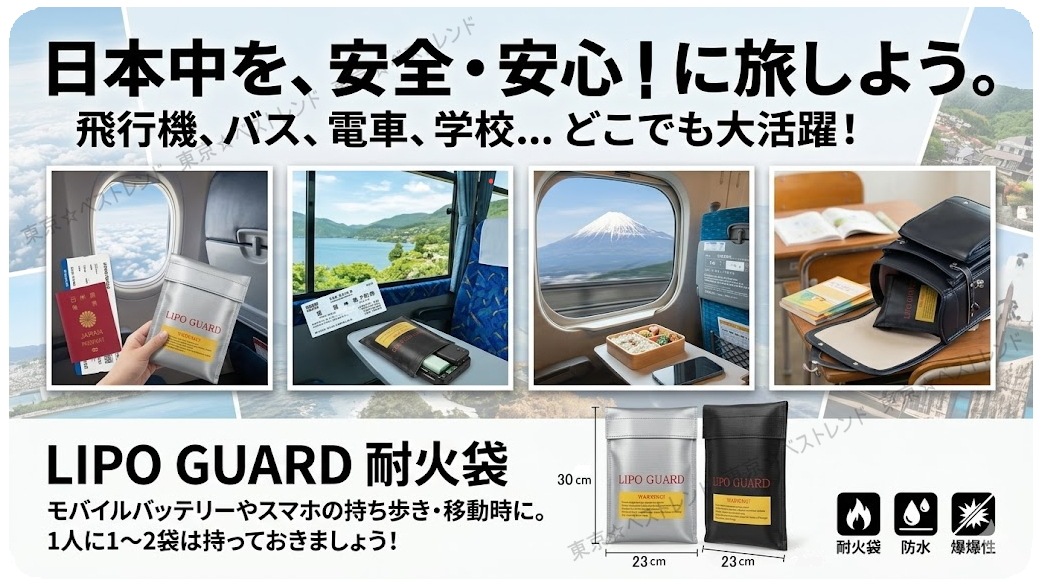 TB-LIPO GUARD 耐火バッグ バック 防爆袋 防火 袋 モバイルバッテリー 保管 リポバッテリー 防水 セーフティーバッグ 貴重品 書類 データ保護 防災グッズ 30×23cm A4相当 グラスファイバー ガラス繊維 不燃素材 マジックテープ 黒ブラック / 銀シルバー
