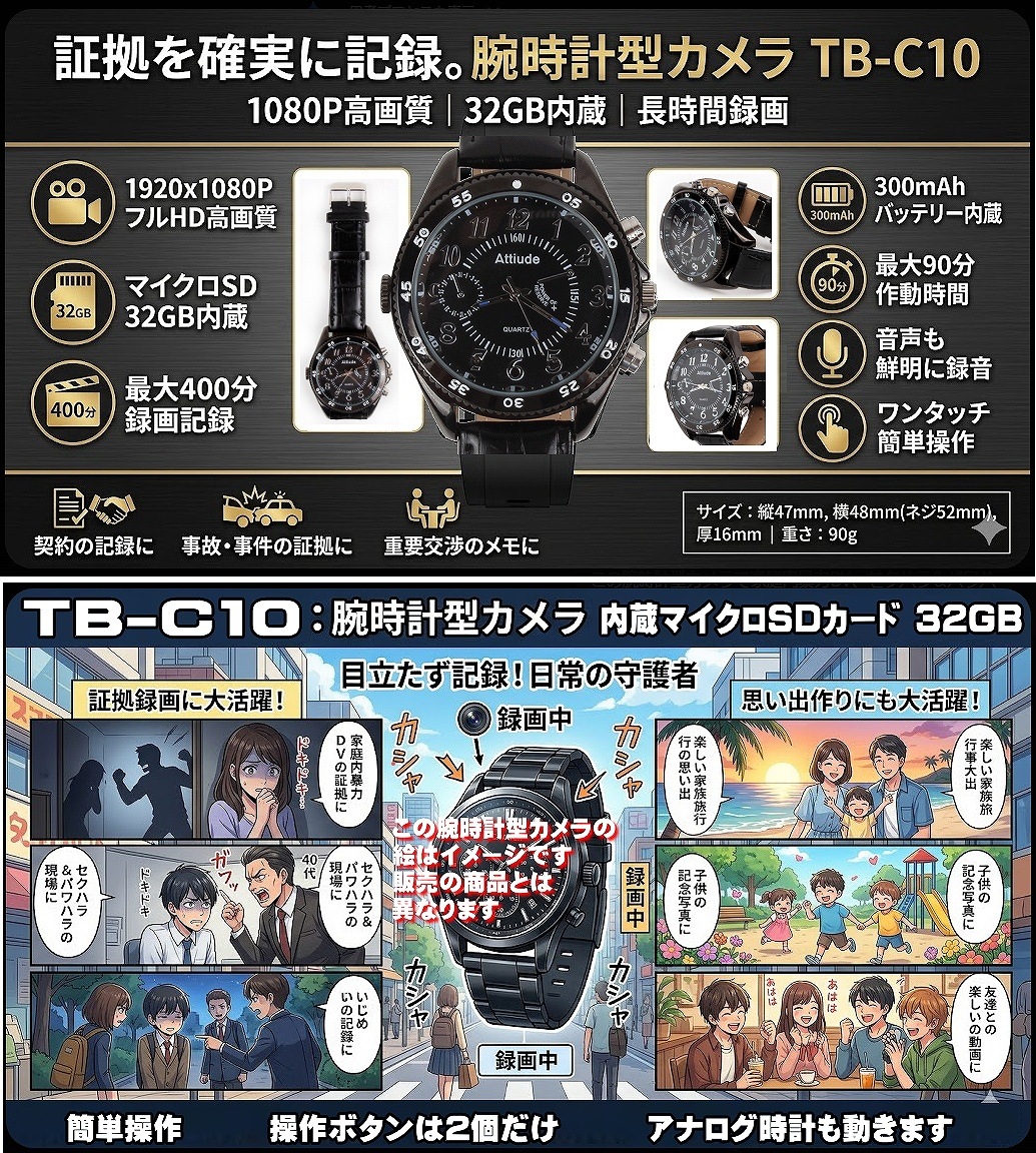 正規品 2026 TB-C10 腕時計型カメラ 32GB メモリ 内蔵 録画 録音 写真