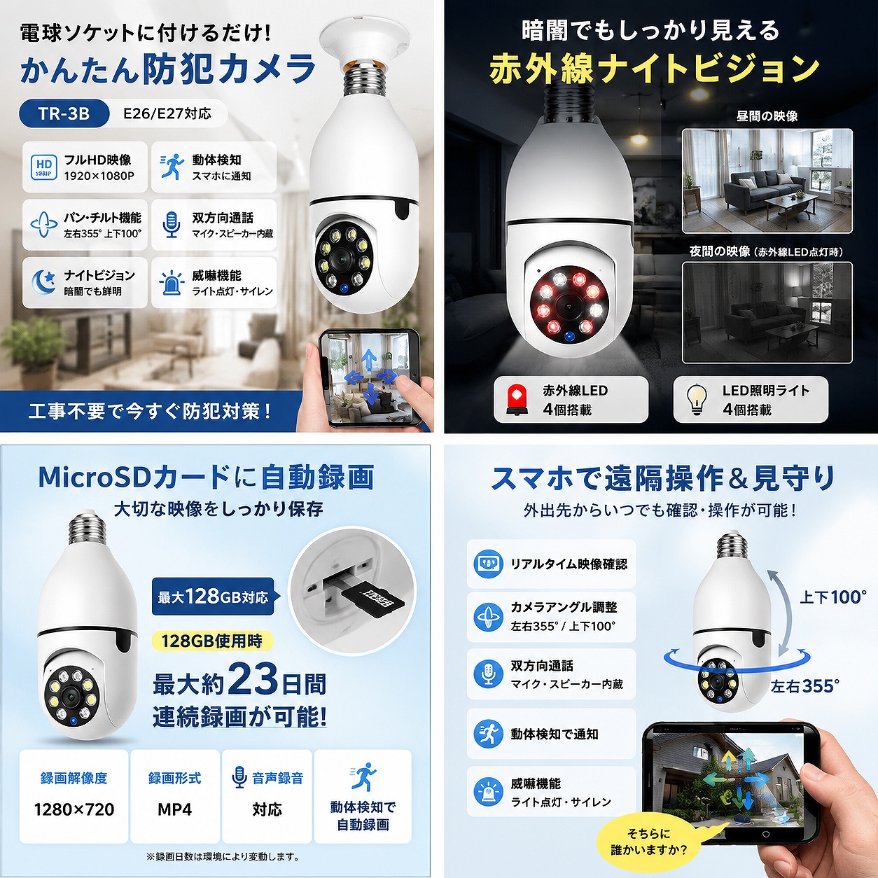 電球ソケットに挿し込むタイプのネットワーク防犯カメラ 最新 TR-3B Wi-Fi 防犯カメラ 電球ソケット型 E26 E27対応 工事不要
