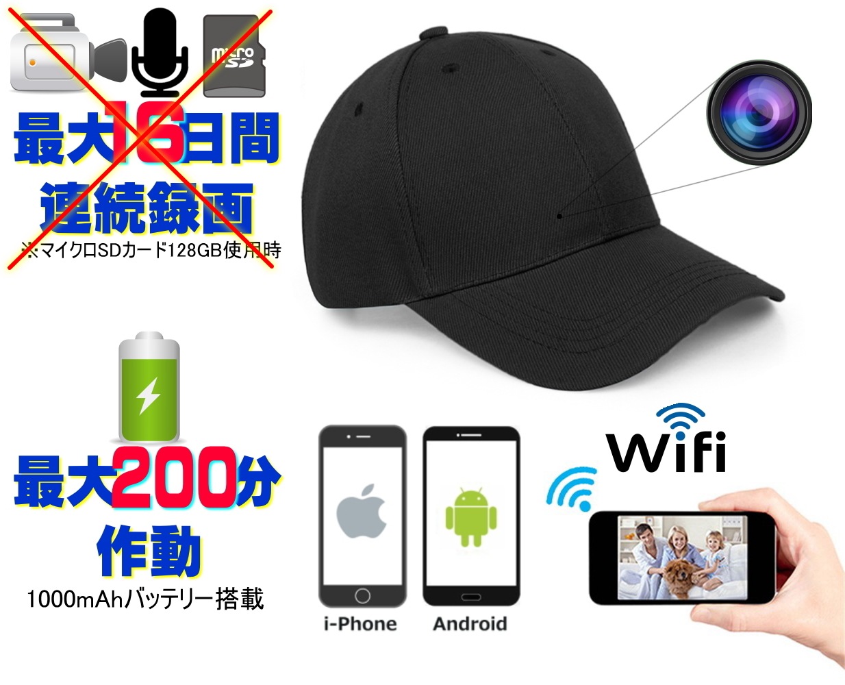 【訳あり特価】4K キャップ帽子型防犯カメラ TB-HC1 安心 見守り 防犯 監視 ネットワーク カメラ 1000mAh バッテリー内蔵 マイクロSDカードで記録 動体検知 高画質 録画 録音 長時間 証拠 記録 髭剃り スパイ 隠し 小型 人気 ランキング