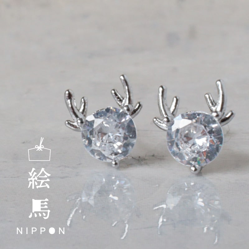 空*虹様 e.m.シルバージルコニア サルピアス*イーエム片耳用 絵馬】ピアス鹿フェイス一粒ジルコニア【18Kコーティング】シルバー