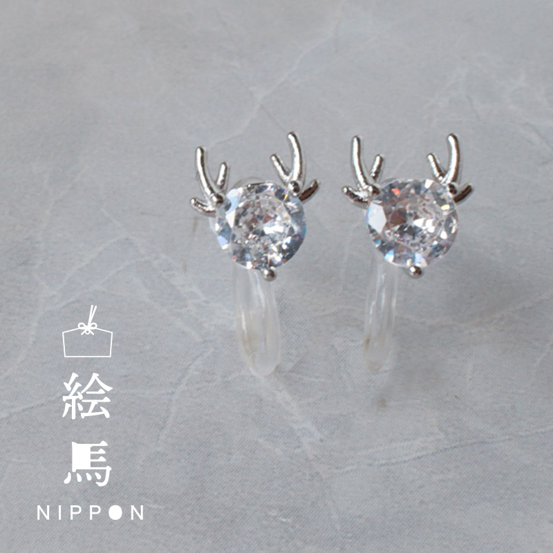 絵馬】イヤリング鹿フェイス一粒ジルコニア【18Kコーティング