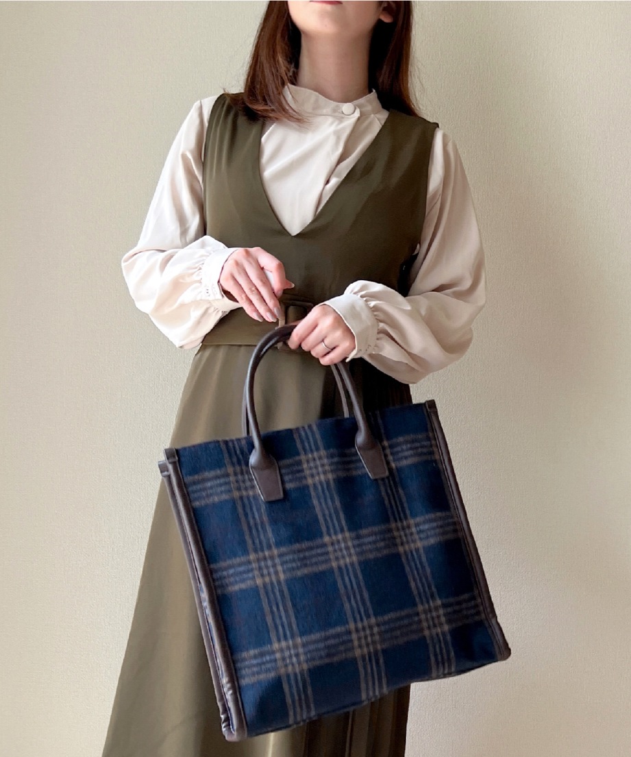 チェックスクエアトート