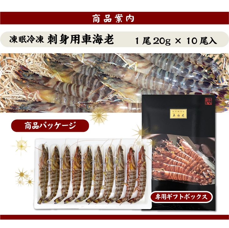 刺身用車海老 凍眠冷凍 20g [冷凍車海老]（入数：10尾 200g/ギフトボックス入）