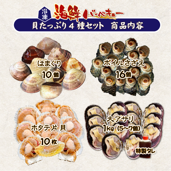 海鮮バーベキュー 貝たっぷり4種セット（ホタテ10・はまぐり10・さざえ16・大アサリ1kg・特製タレ）★[冷凍BBQ]