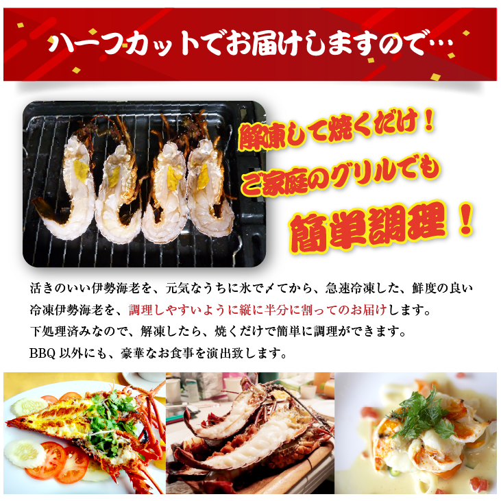 BBQ用 冷凍伊勢海老 500～600g 3Lサイズ ハーフカット 1尾2切入 [活〆伊勢海老]