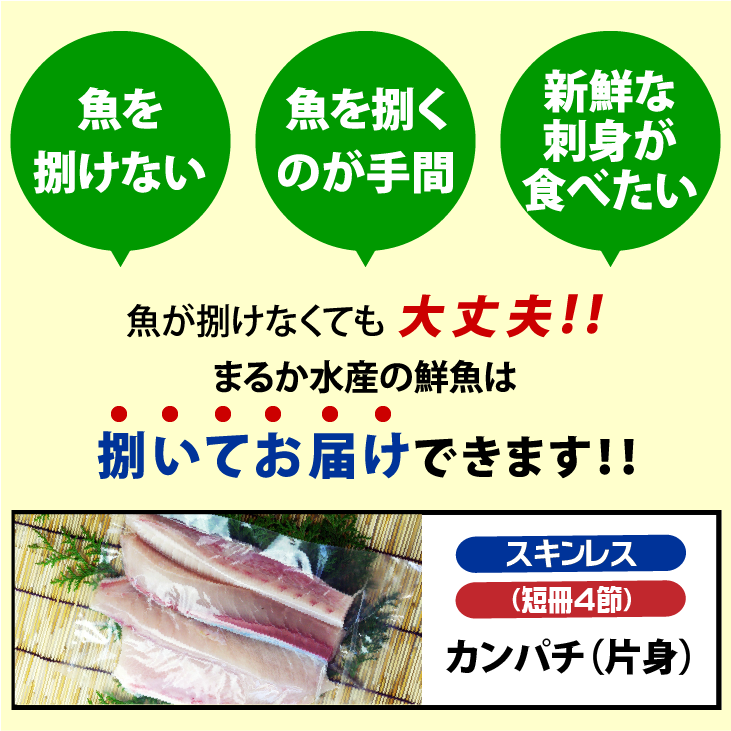 活〆カンパチ 片身 捌いてお届け！ スキンレス 短冊4節 3.5～4.0kgサイズの半分（養殖）[魚介類]