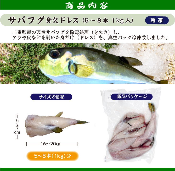 □冷凍 サバフグ 身欠きドレス 1.0kg（5～8本入）[魚介類]