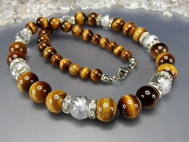 水晶銀龍手彫り12mm天然石タイガーアイ ネックレス ロンデル ワイヤ