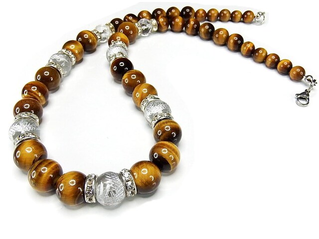 水晶銀龍手彫り12mm天然石タイガーアイ ネックレス ロンデル ワイヤ