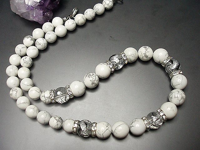 天然石昇龍手彫り銀箔水晶ホワイトターコイズ12ミリネックレス「改