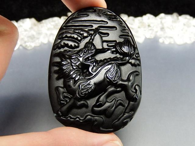 レア品福禄寿手彫りオブシディアンバングル天然石特別仕様石街 石街麒麟キリン精工彫り幸運御守天然石オブシディアン超大迫力