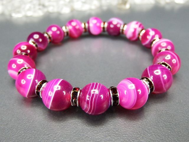 天然石4A厳選縞入りマゼンタピンク色アゲート10mm豪華ブレスレット石街