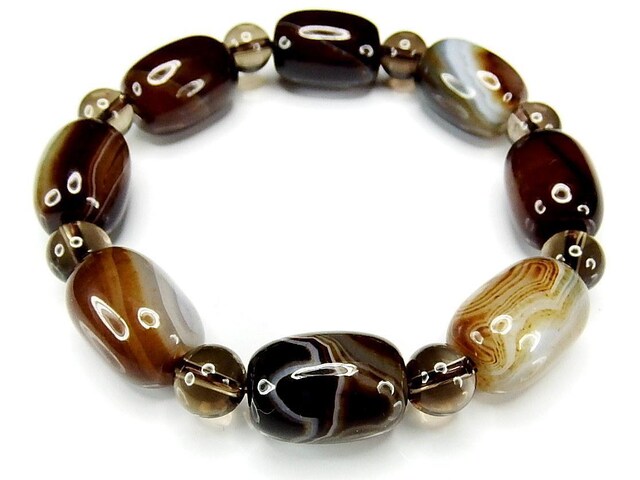 天然石 ブレスレット ブラウン 縞入りブラウンサードオニキス円柱形茶水晶円玉天然石ブレスレット石街