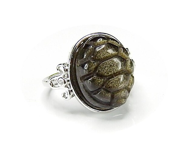 レア魔除けゴールドオブシディアン亀紋手彫り指輪14号天然石リング石街