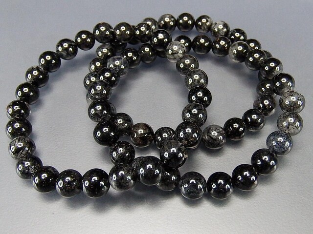 満針ブラックルチルクォーツ約7mm前後ブレスレット天然石仕事運まよけ