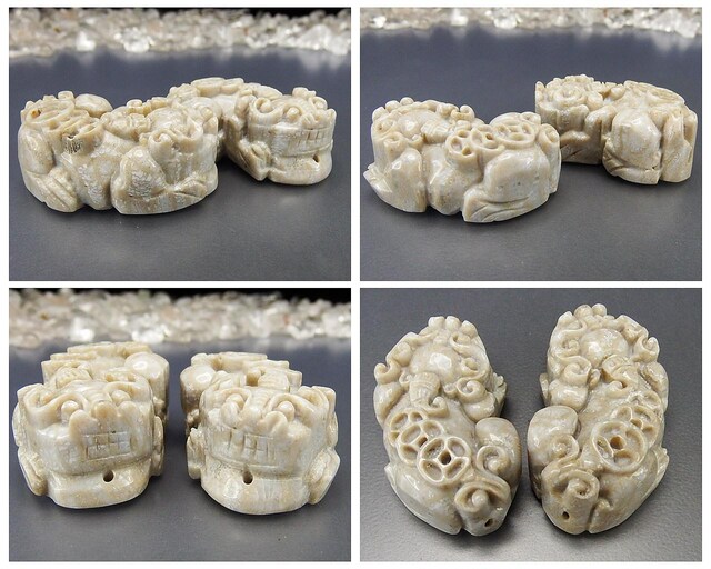 菊花石化石天然石金銭三枚ヒキュウ彫刻品置物ペンダントトップ風水物 