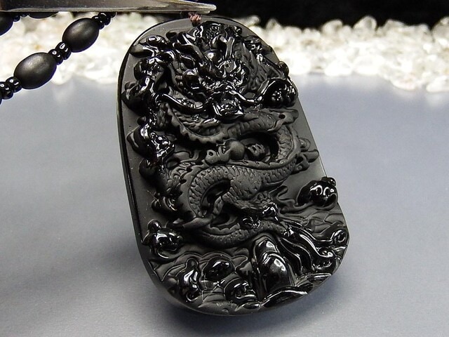 開運昇龍精工彫刻ペンダントトップネックレス天然石オブシディアン迫力